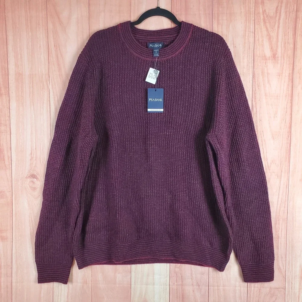 Jos A Bank Mens Sweater 2XL Red Burgundy Wool Nylon Crew Neck